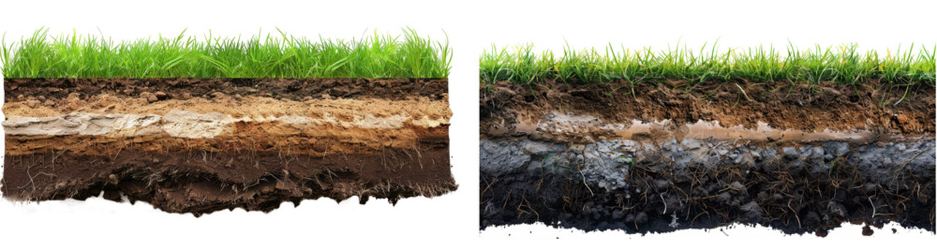 Cross section of soil layers showcasing grass roots and varying soil types to illustrate ecological diversity and earth structure