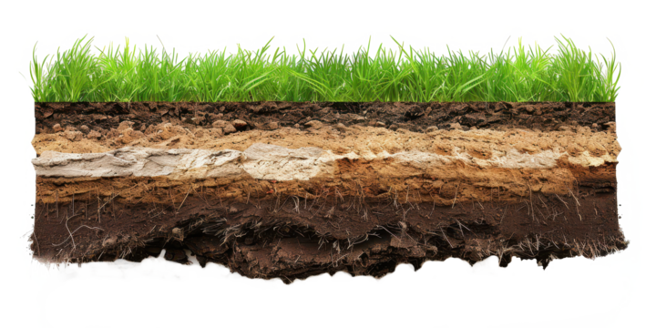 Cross section of soil layers displaying grass coverage, showcasing different soil types and textures in a natural environment