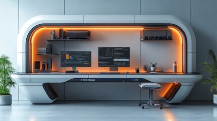 Modern ergonomic workspace with dual monitors and ambient lighting.