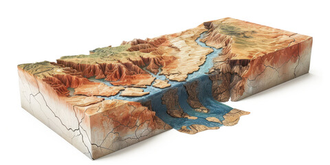 Diagram illustrating the pulling apart of Earth's crust at a rift valley with detailed terrain features on a white background