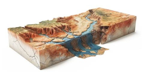 Diagram illustrating the pulling apart of Earth's crust at a rift valley with detailed terrain features on a white background