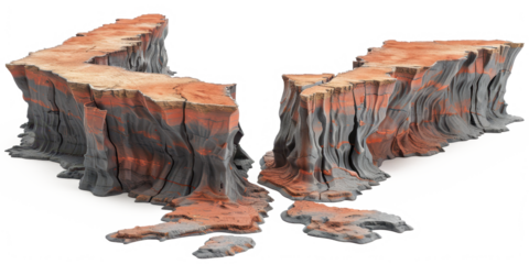 Illustration of a divergent boundary between tectonic plates on a white background showcasing geological features