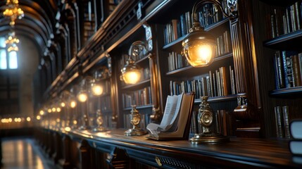 A serene library scene with wooden shelves, glowing lamps, and open books.