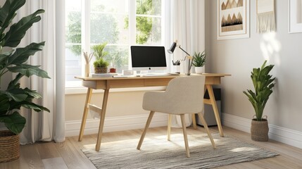 A cozy workspace featuring a desk, computer, and plants by a sunny window.