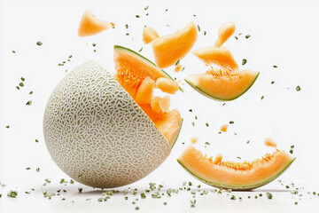 melon is cut in half and the seeds are scattered around. Concept of messiness and chaos, as the melon is no longer whole and the seeds are everywhere