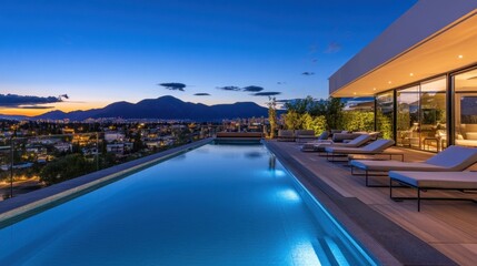 Obraz premium Luxurious evening view of a modern poolside with mountains in the background.