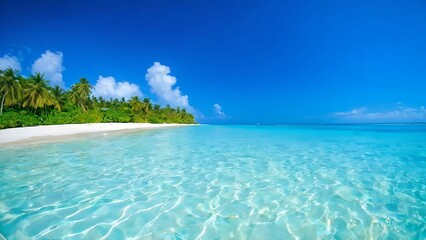 Fototapeta premium Crystal-clear turquoise sea reflecting blue sky, with an idyllic island covered in green palms_069