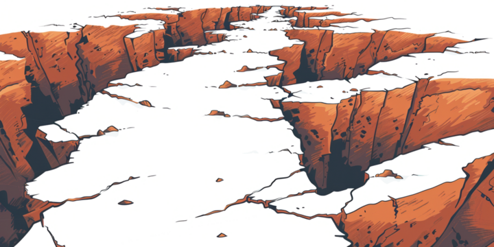 Illustration depicting a divergent boundary between tectonic plates showing separation and geological features on a white background