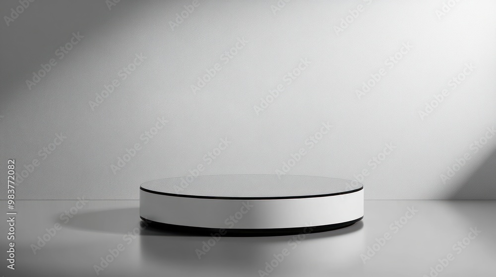 Poster a minimalist circular display platform in a softly lit environment.