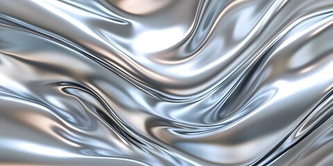 Background featuring silver, wavy liquid metal, dynamic visual with fluid lines.