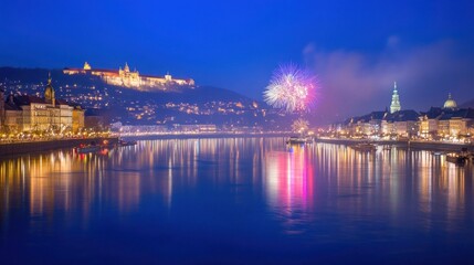 Naklejka premium Nighttime cityscape with fireworks over a river, featuring a castle and illuminated buildings.