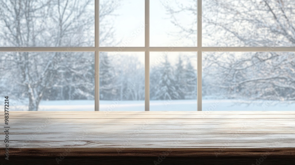 Poster empty table and winter window in background transparent background