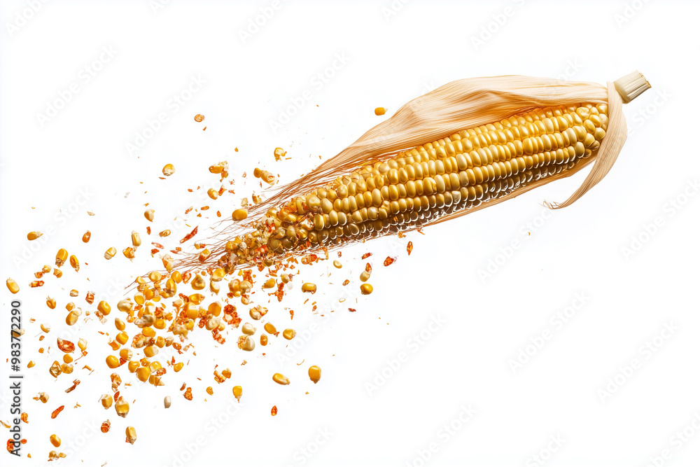 Poster corn cob is shown with a lot of corn kernels scattered around it. the corn cob is the main focus of 