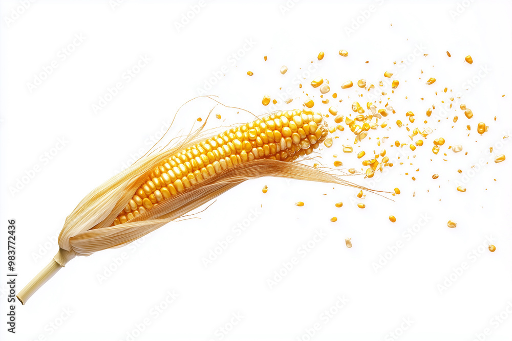 Poster corn cob is shown with a lot of corn kernels scattered around it. the corn cob is the main focus of 