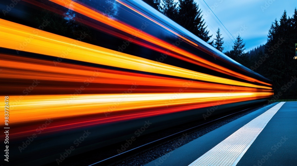 Poster a blurred motion capture of a train speeding through a forested area at dusk.