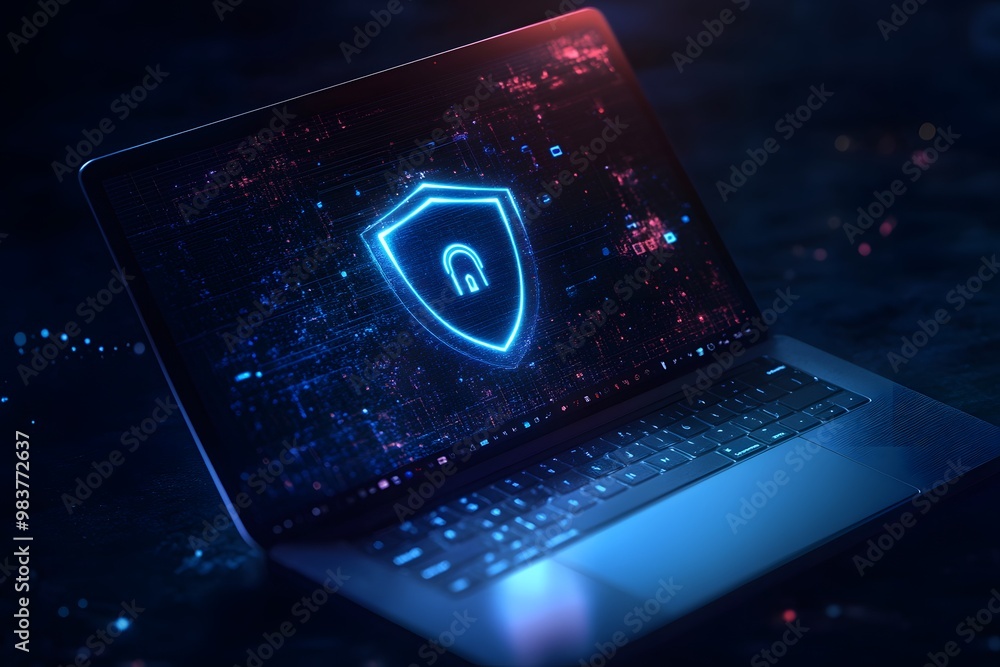 Poster laptop with a digital shield and lock on the screen, signifying data protection in a cybersecurity c