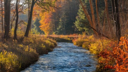 Forest stream flowing through a vibrant autumn landscape on a sunny day