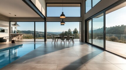 Obraz premium Modern interior showcasing open space with large windows and scenic views.