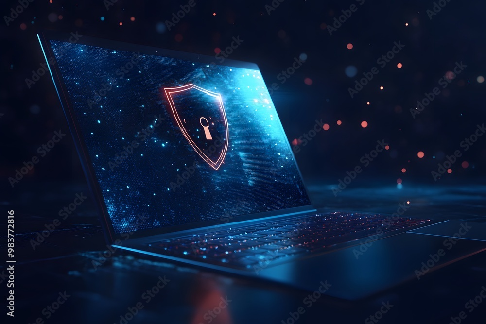Poster laptop with a digital shield and lock on the screen, signifying data protection in a cybersecurity c