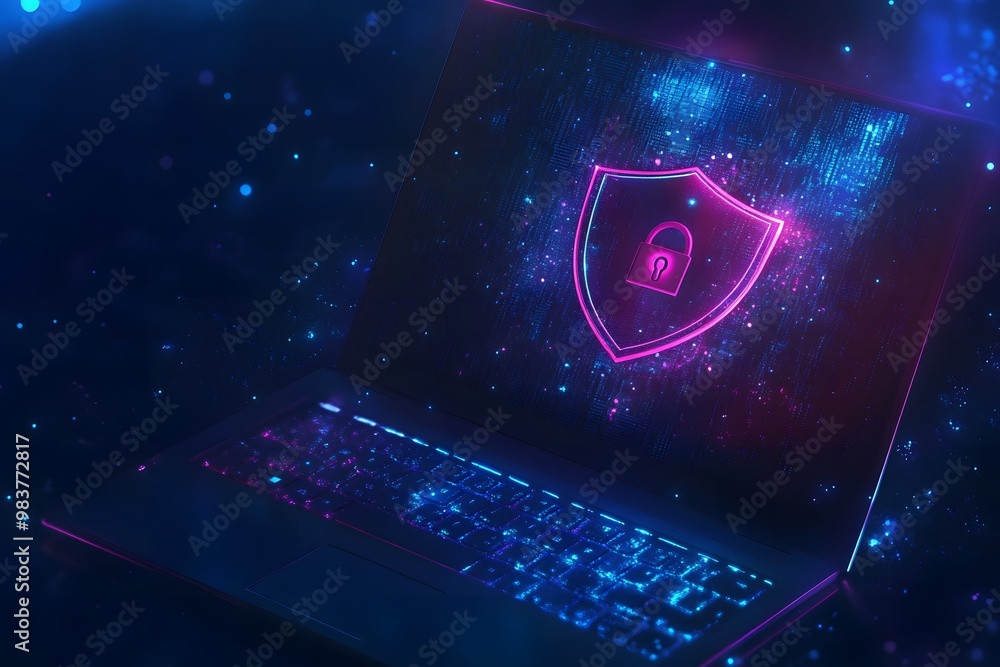 Poster laptop with a digital shield and lock on the screen, signifying data protection in a cybersecurity c