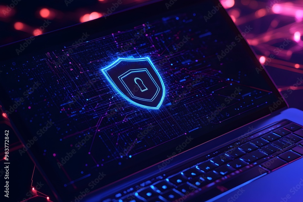 Poster laptop with a digital shield and lock on the screen, signifying data protection in a cybersecurity c
