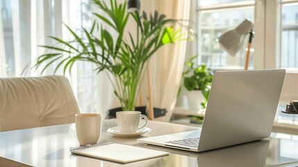 Modern Home Office Workspace with Laptop and Coffee, Cozy and Productive Work Environment