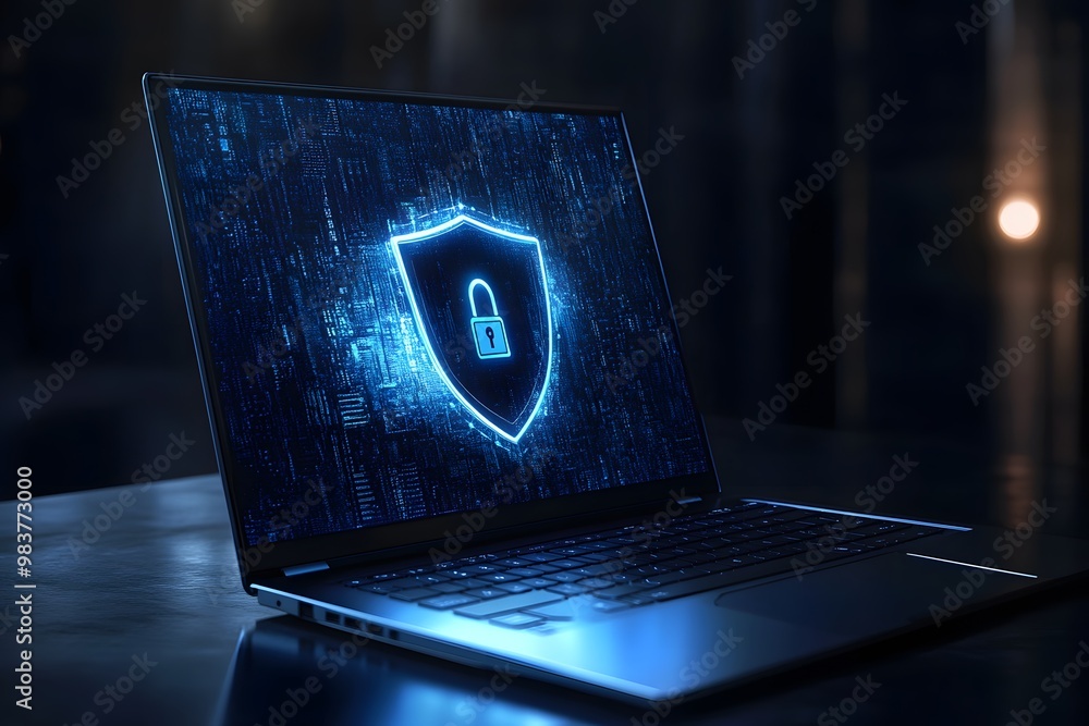 Poster laptop with a digital shield and lock on the screen, signifying data protection in a cybersecurity c