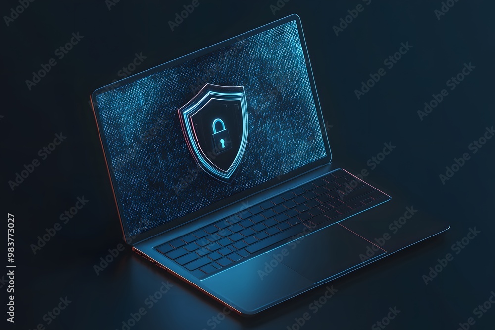 Poster laptop with a digital shield and lock on the screen, signifying data protection in a cybersecurity c