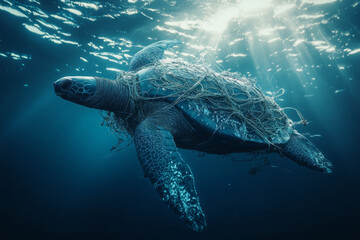 Fototapeta premium Leatherback turtle with a fishing net entangled in its flippers