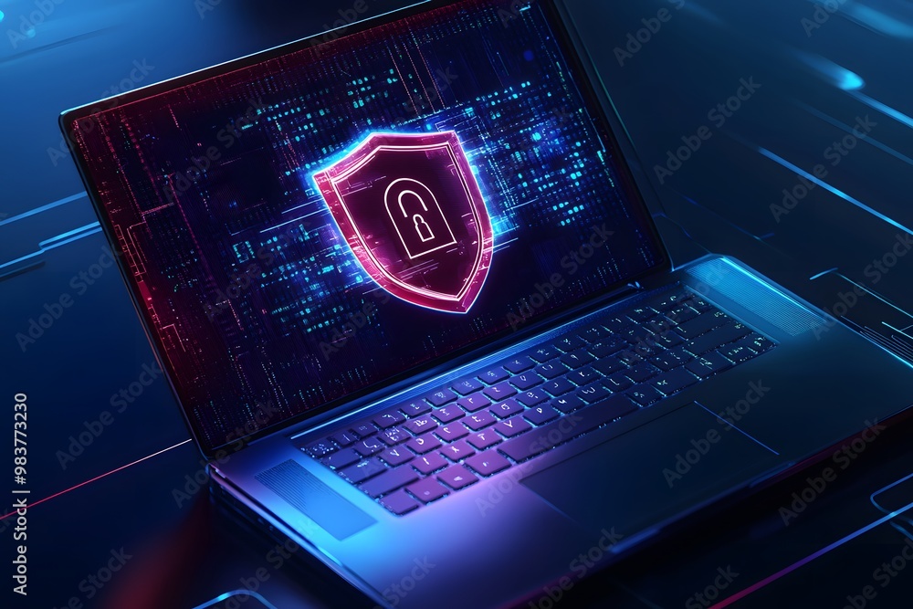 Poster laptop with a digital shield and lock on the screen, signifying data protection in a cybersecurity c