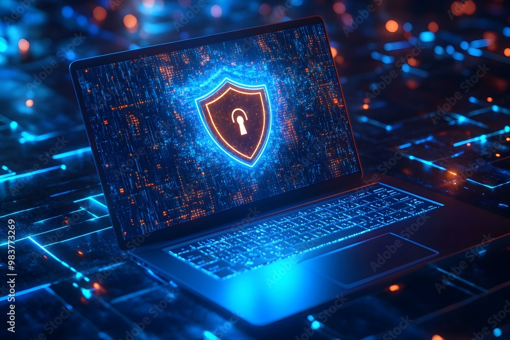 Poster laptop with a digital shield and lock on the screen, signifying data protection in a cybersecurity c