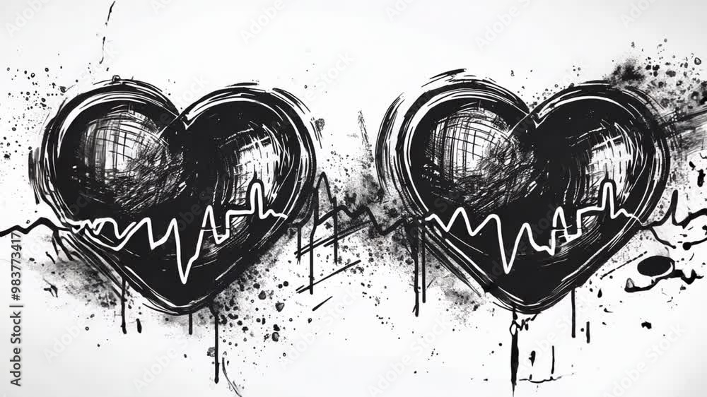 Poster two stylized black and white heart shapes are depicted alongside heartbeat lines and paint splashes,