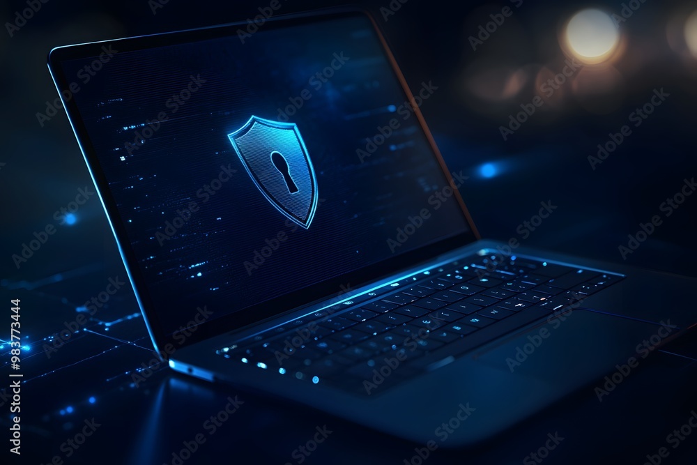 Poster laptop with a digital shield and lock on the screen, signifying data protection in a cybersecurity c