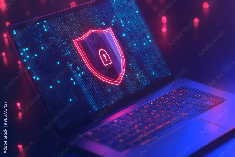 Poster laptop with a digital shield and lock on the screen, signifying data protection in a cybersecurity c