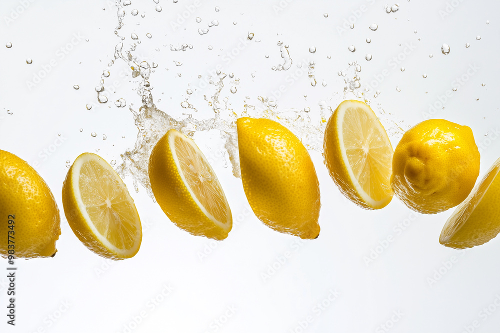 Aufkleber row of sliced lemons are floating in a stream of water. the lemons are cut in half and are floating 