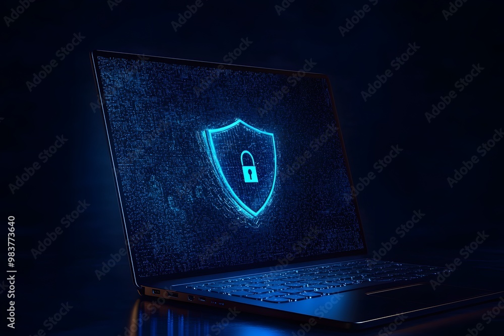 Poster laptop with a digital shield and lock on the screen, signifying data protection in a cybersecurity c