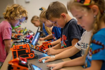 group of children engage with robots "Children engaged with technology, using tablets, coding activities, and building robots for World Children's Day."
