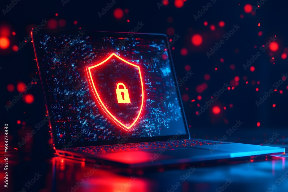 Poster laptop with a digital shield and lock on the screen, signifying data protection in a cybersecurity c