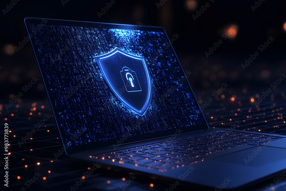 Poster laptop with a digital shield and lock on the screen, signifying data protection in a cybersecurity c