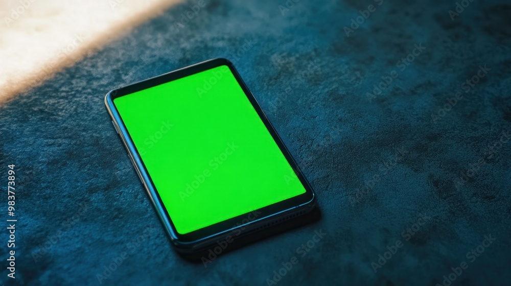 Poster a smartphone with a blank green screen on a textured surface, ready for content display.