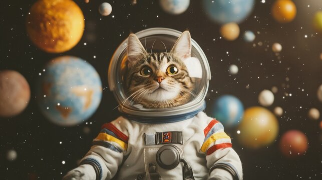 A cat dressed as an astronaut, floating in a space-themed room with tiny planets hanging around.