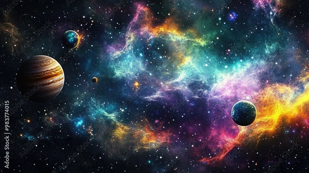 Poster a celestial scene with planets floating over colorful nebulae, illuminated by starlight in the endle