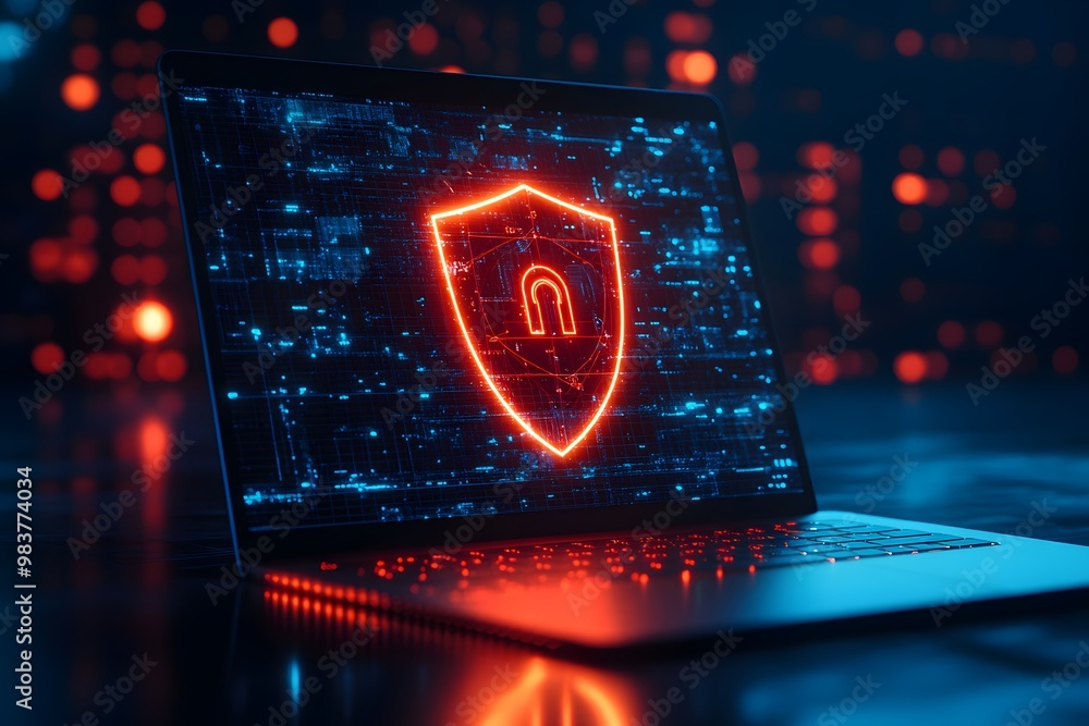 Poster laptop with a digital shield and lock on the screen, signifying data protection in a cybersecurity c