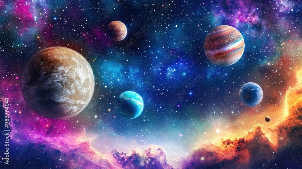 Poster a celestial scene with planets floating over colorful nebulae, illuminated by starlight in the endle