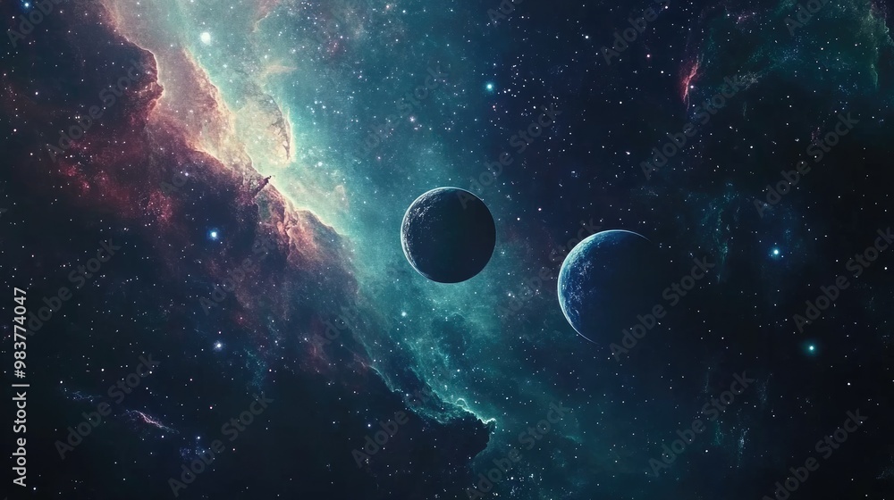 Poster a celestial scene with planets floating over colorful nebulae, illuminated by starlight in the endle