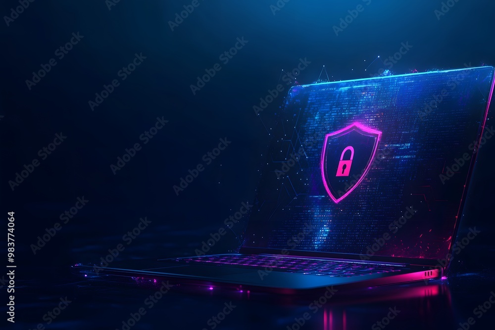 Aufkleber laptop with a digital shield and lock on the screen, signifying data protection in a cybersecurity c