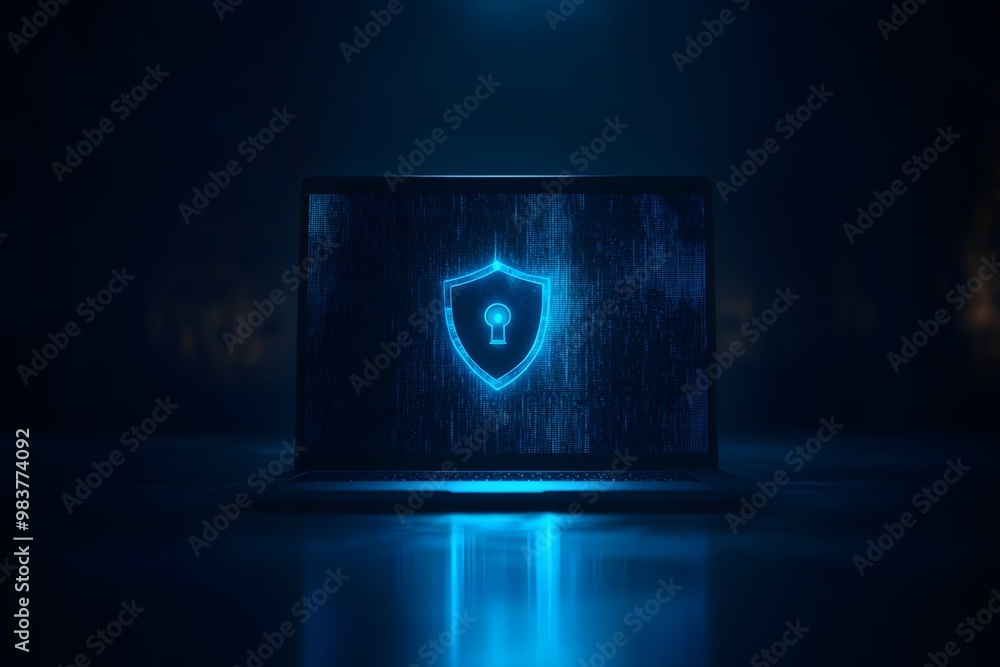 Poster laptop with a digital shield and lock on the screen, signifying data protection in a cybersecurity c