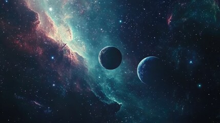 Fototapeta premium A celestial scene with planets floating over colorful nebulae, illuminated by starlight in the endless expanse of space