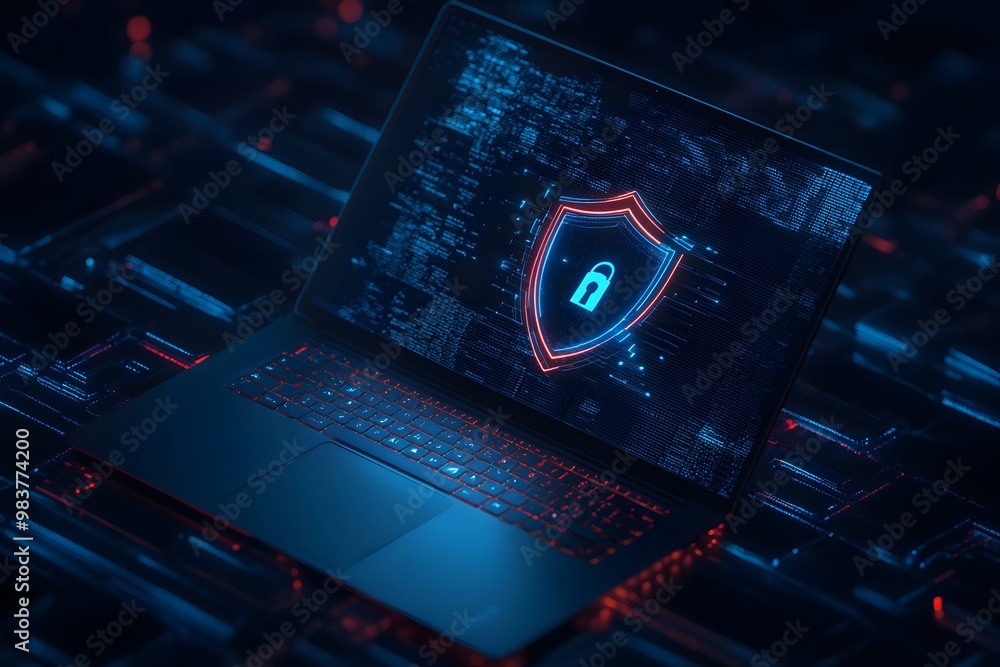 Poster laptop with a digital shield and lock on the screen, signifying data protection in a cybersecurity c