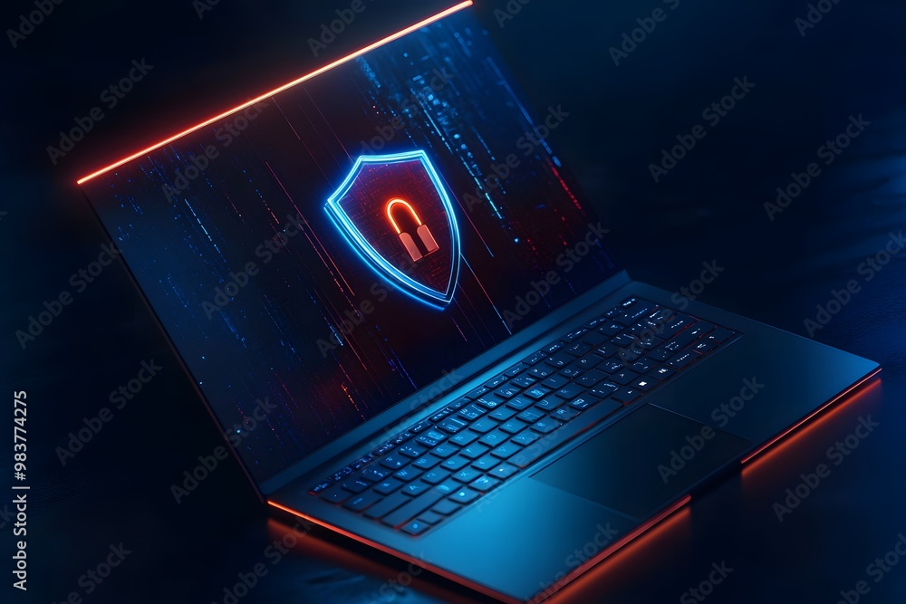 Poster laptop with a digital shield and lock on the screen, signifying data protection in a cybersecurity c